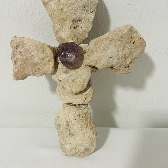 Handcrafted Cross Made of Stone with Amethyst Accent and Wooden Stick Heavy Rare - Picture 9 of 9
